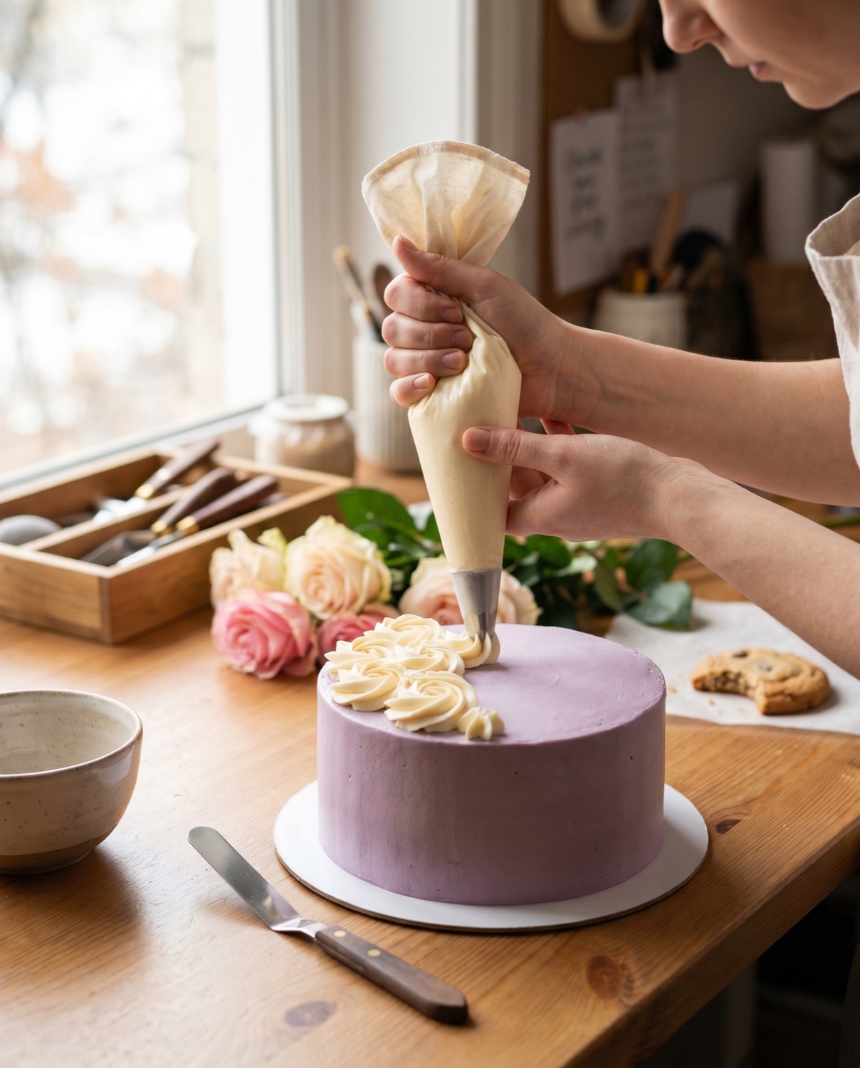 A baker's hands at work at Lovender Cake Studio